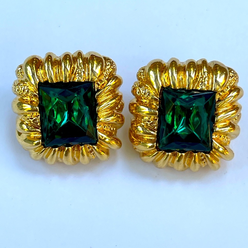Gold-Tone Earrings with Emerald Green Square Stones